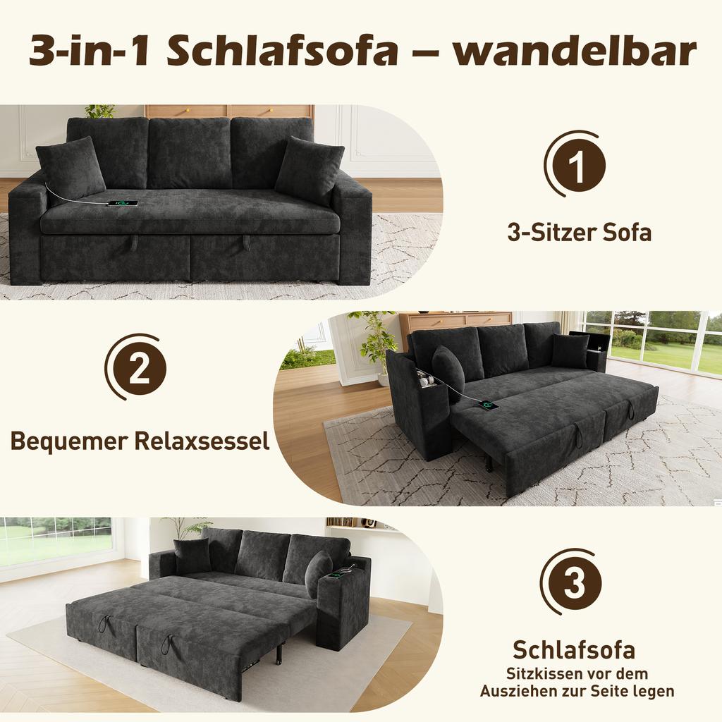 3-in-1 Multifunctional 3-Seater Sofa with Sleep Function, Pull-Out Metal Frame, Storage, Armrest Tray and USB Charging Port, Grey.[old sku:N653P2570G]