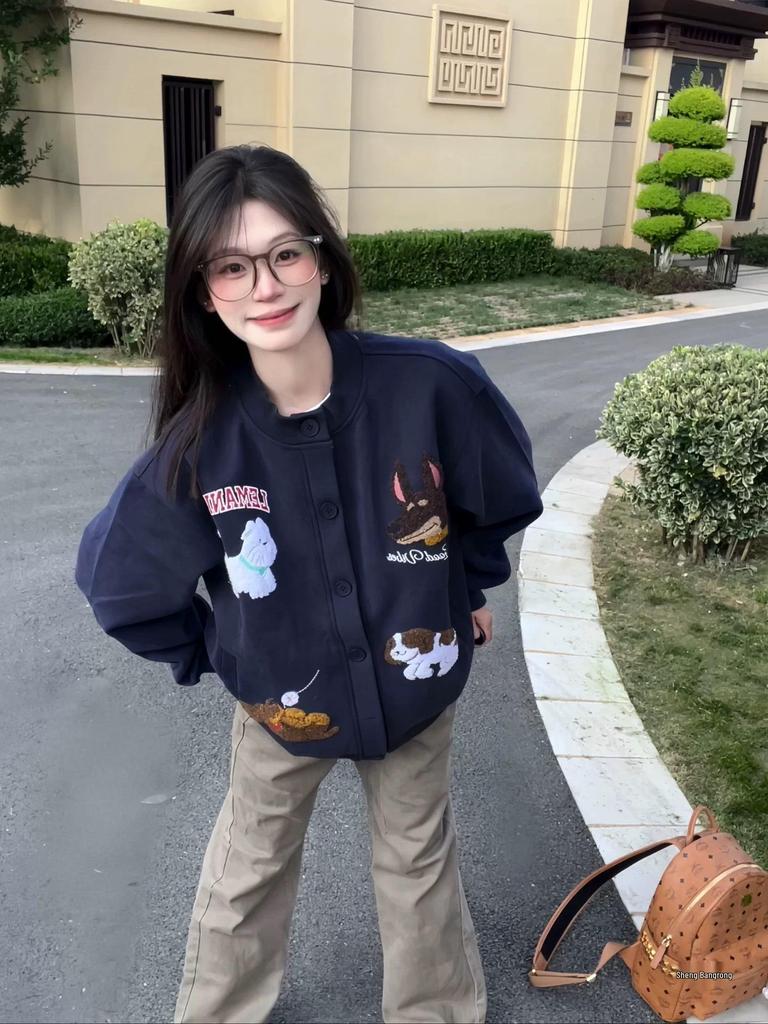 Women's Fun Cartoon Embroidery Chenille Cardigan Sweatshirt - Autumn Korean Lazy Style Loose BF Casual Baseball Jacket