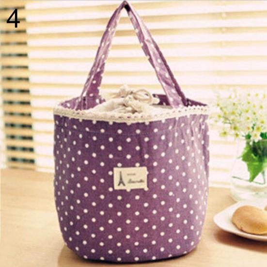 

Portable Linen Cotton Polka Dot Drawstring Insulated Food Lunch Box Bag Gift фиолетовый