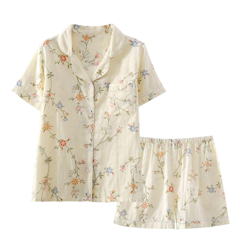Novos pijamas femininos de verão, shorts de manga curta, terno de algodão, camada dupla, gaze, estampa, roupas frescas para casa, conjunto de duas peças para mulheres
