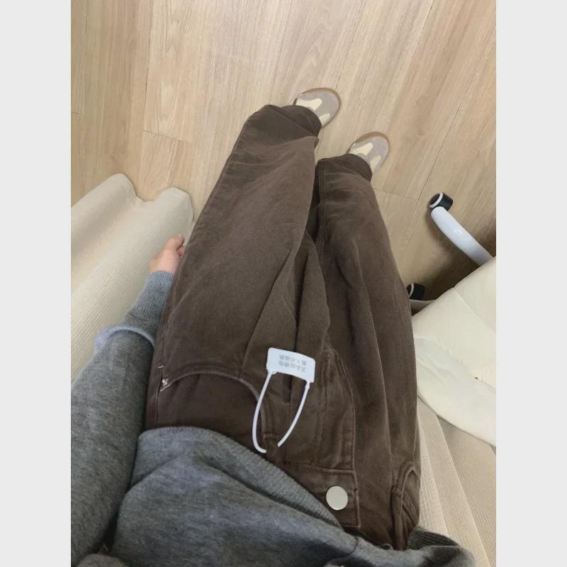Women's High-Waisted Dark Brown Wide-Leg Jeans for Autumn and Winter - Loose, Casual, Straight, Floor-Length Pants