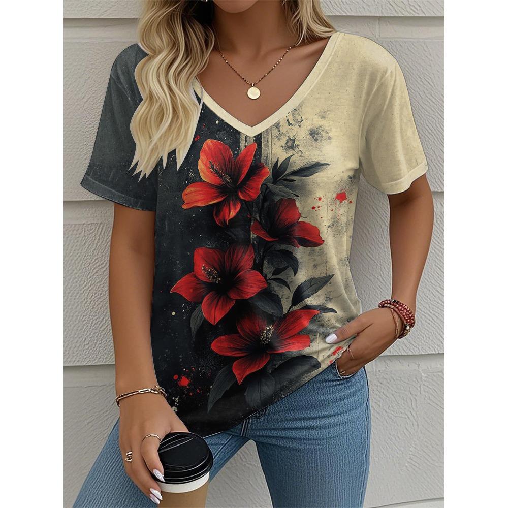 Blumen Damen V-Ausschnitt T-Shirt Sommer Outdoor Lässig Kurzarm Tops Mode 3D-Druck Trendig Übergröße Damenbekleidung