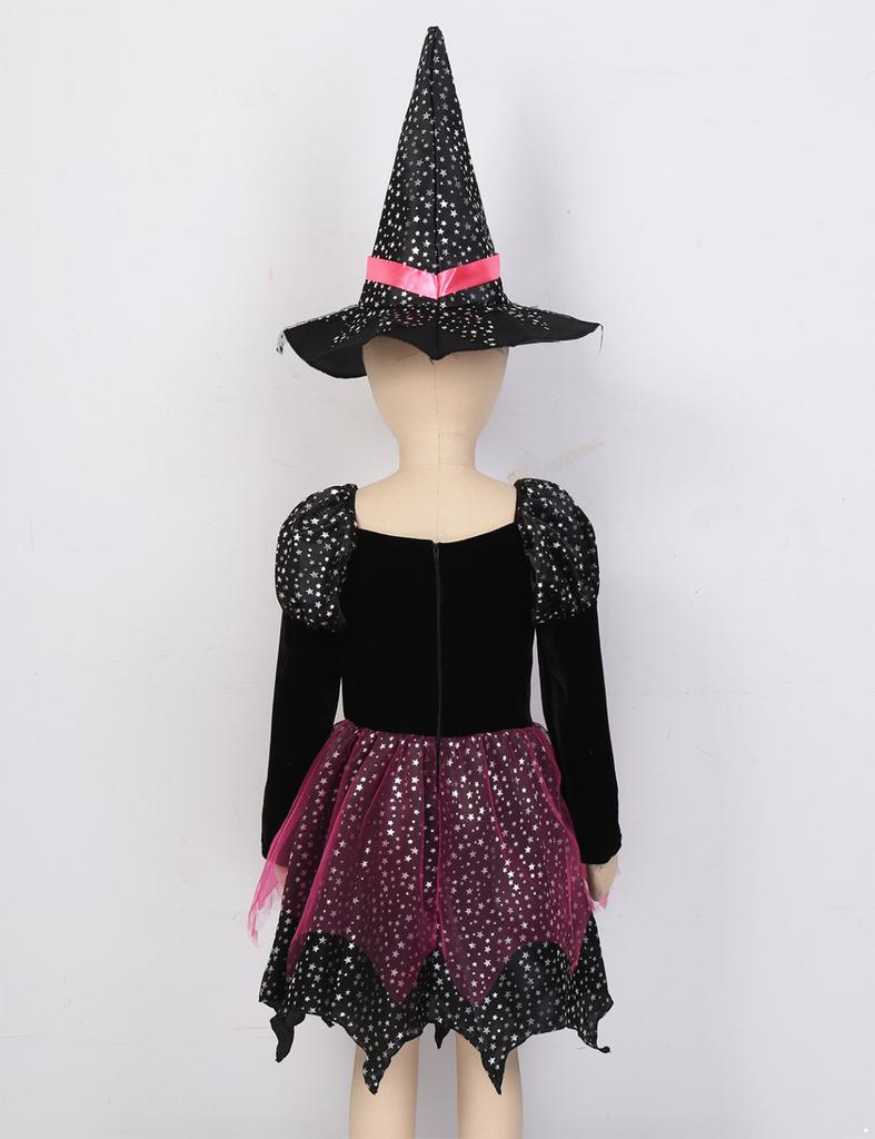 Kids Girls Witch Costume For Halloween Fancy Dress Up Dress With Pointed Hat Wand Candy Bag Set