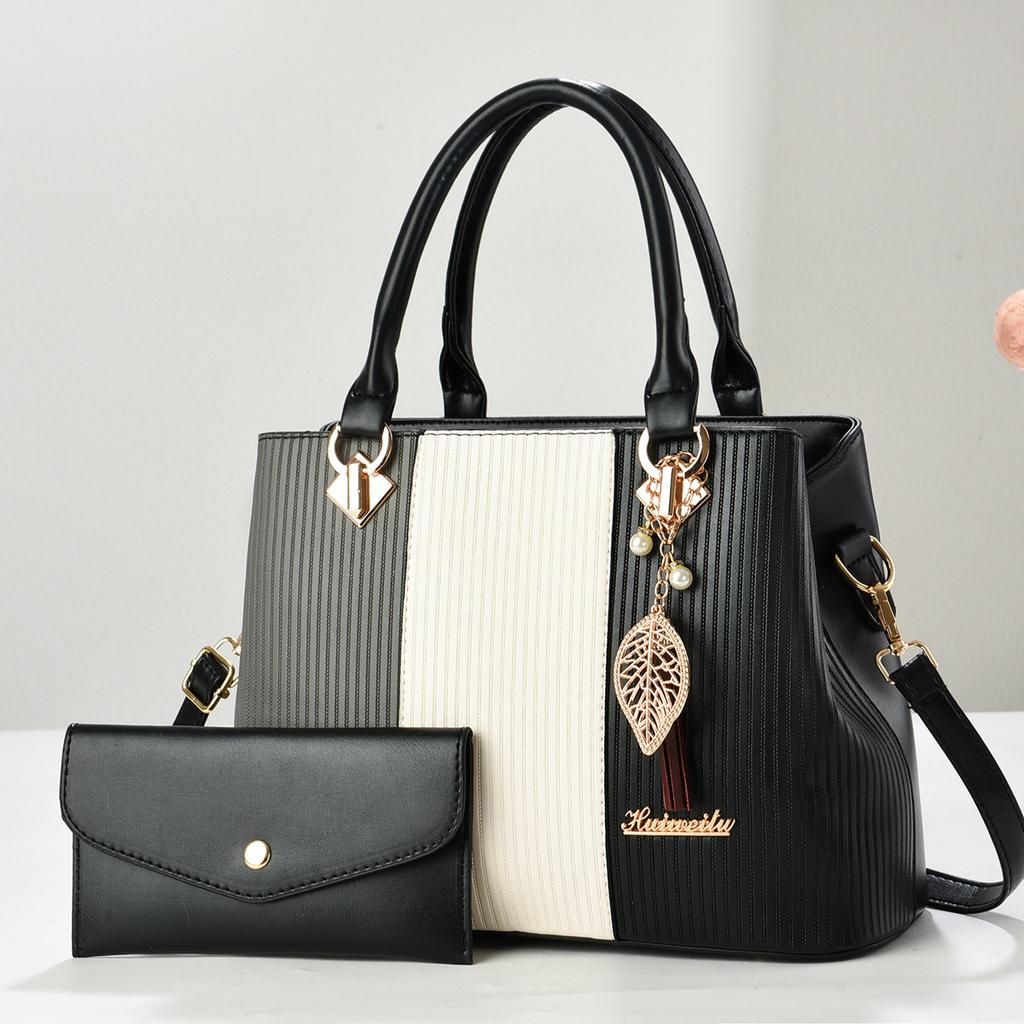 Practical Patchwork Handbag Combo With Mini Pouch, Multi-purpose Top Handle Shoulder Crossbody Matching Bag For Ladies