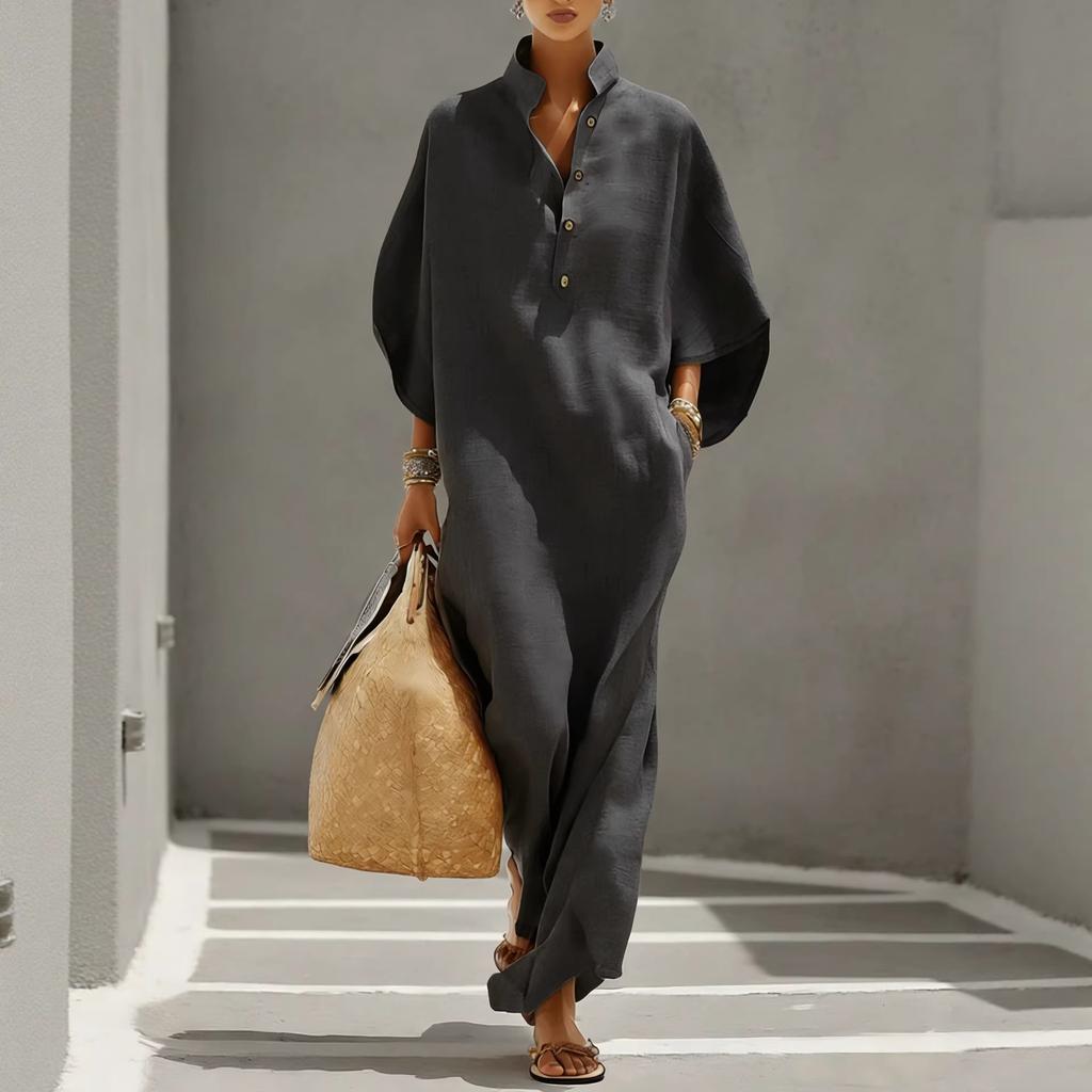Spring and Summer Eurasia Fashion Women's Dress Loose Stand Neck Button Medium Sleeve Long Vacation Style Shirt Skirt