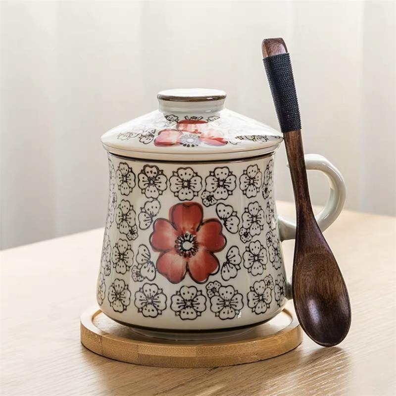 Modrobílý porcelánový šálek na čaj Keramický ručně malovaný Retro hrnek s oddělovačem na vodu a víčkem s filtrem Kancelářské šálky na čaj Nápojové nádobí