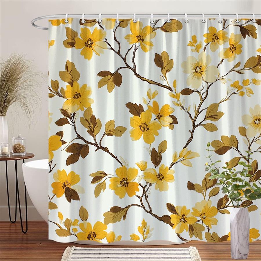 

1pc Vintage Floral Shower Curtain - Yellow flowers with dark brown leaves, light cream background, polyester, machine washable 90X180cm