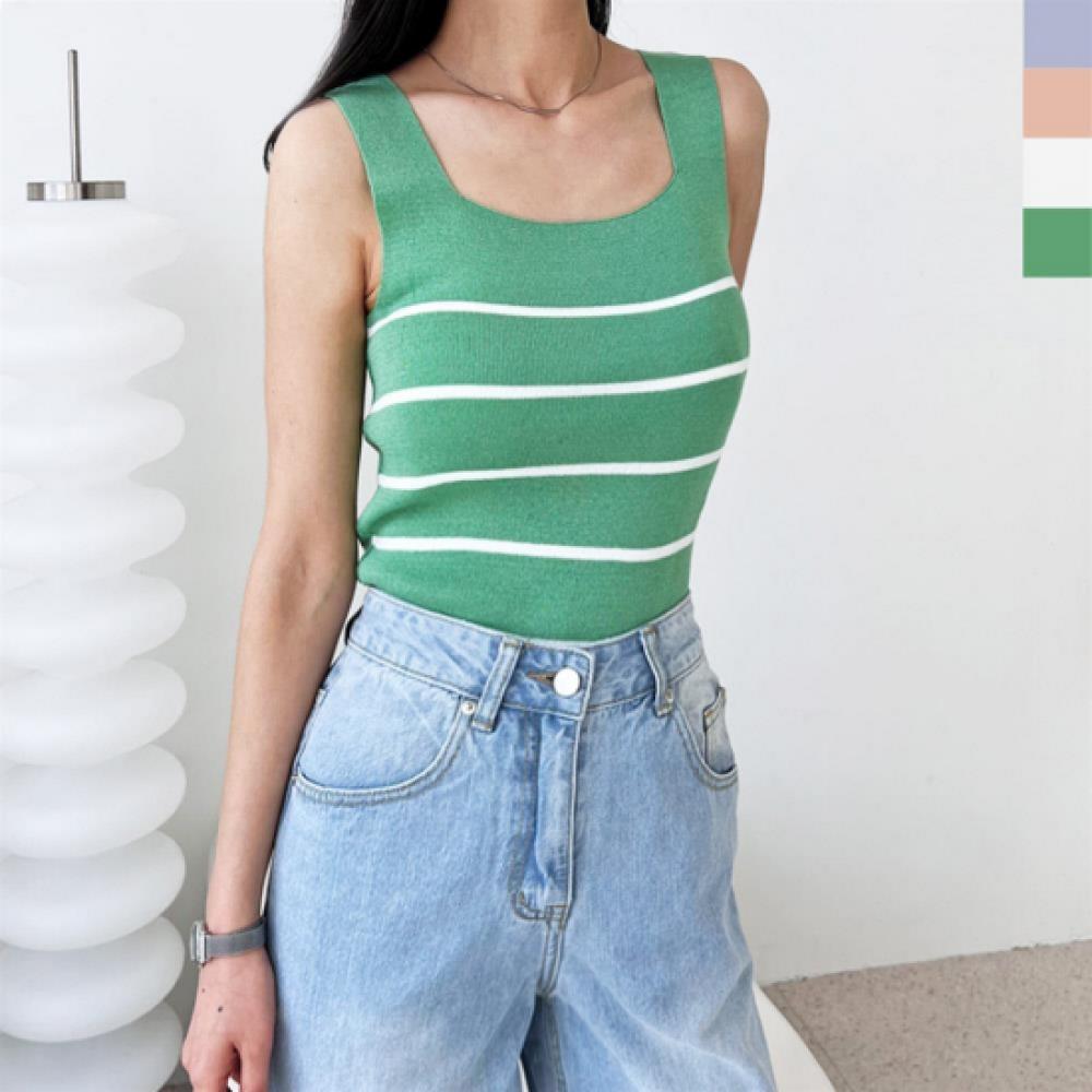 New Arrivals Open Run Women Simple Stripe Square Neck Sleeveless Knit Top
