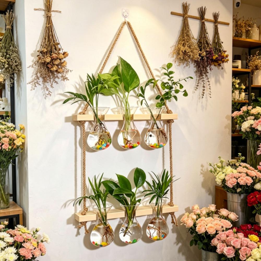 Wall Hanging Propagation Station with Wooden Stand Glass Test Tubes Garden Decor for Floral Arrangements Home Office Decor