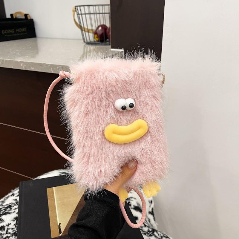 

Cute Cartoon Plush Bag Women s Ins Trendy Mouth Fluffy Cross-section Internet Celebrity Mobile Phone рожевий