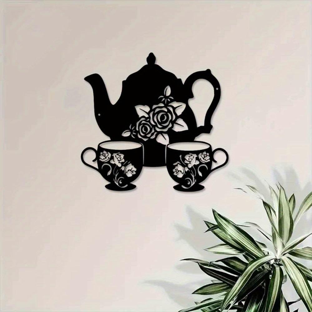 Metal Teapot Wall Art Floral Iron Sculpture, Rustic Decor for Living Room Office Patio Cottage, Indoor Outdoor Use