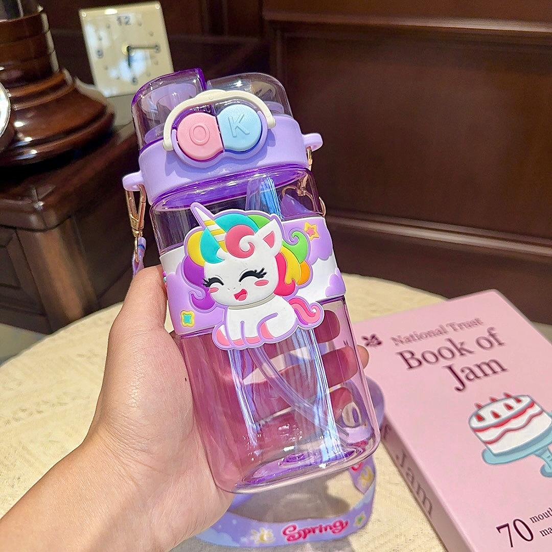 

520ml Cute Kids Water Bottle with Straw and Strap Outdoor Portable Plastic Cartoon Water Cup Children camping water bottle 520ml фіолетовий