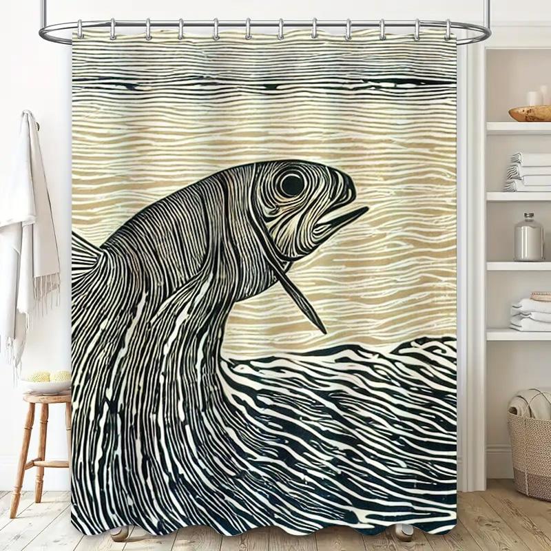 Modern Decorative Fish Bath Curtains for Home Bathroom White Black Printed Shower Curtain with Rod Pocket Hemline (180x245 cm)