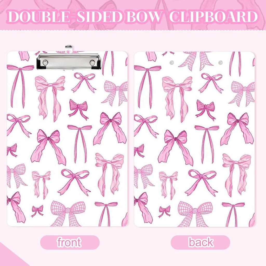 Seajan Pink Bow Clipboard Cute Preppy Coquette Plastic Decorative Clipboards with Low Profile Clip Hanging Tab A4 Letter Size, 12.4 X 9 Inch for