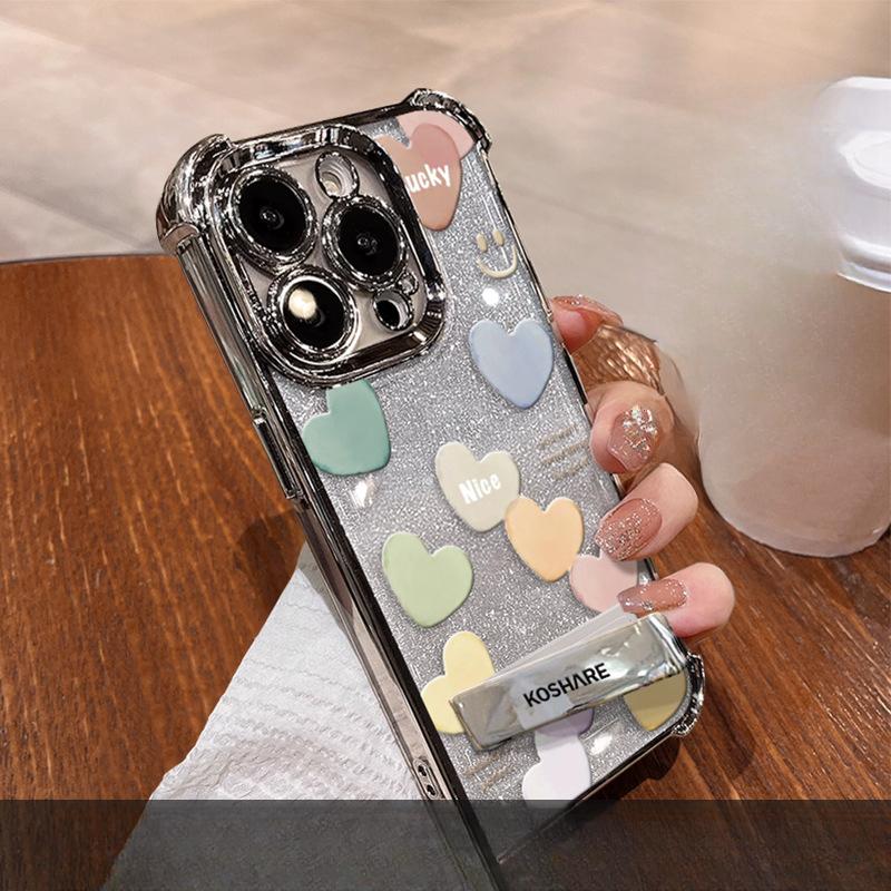 Colorful Love Stand Suitable for IPhone16 IPhone Case 15promax Electroplating Anti-fall 14 High-end Sense 13