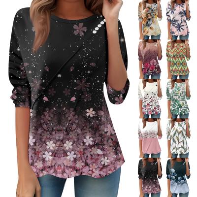 Damen Locker Lässig Langarm Oberteil Rundhals Knopf Pull Streifendruck T-Shirt