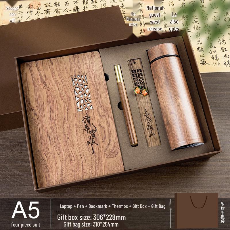 Custom Wooden Notebook & Thermos Gift Set: Plum, Orchid, Bamboo, Chrysanthemum Designs for Teachers & Clients, Perfect for Graduation Season