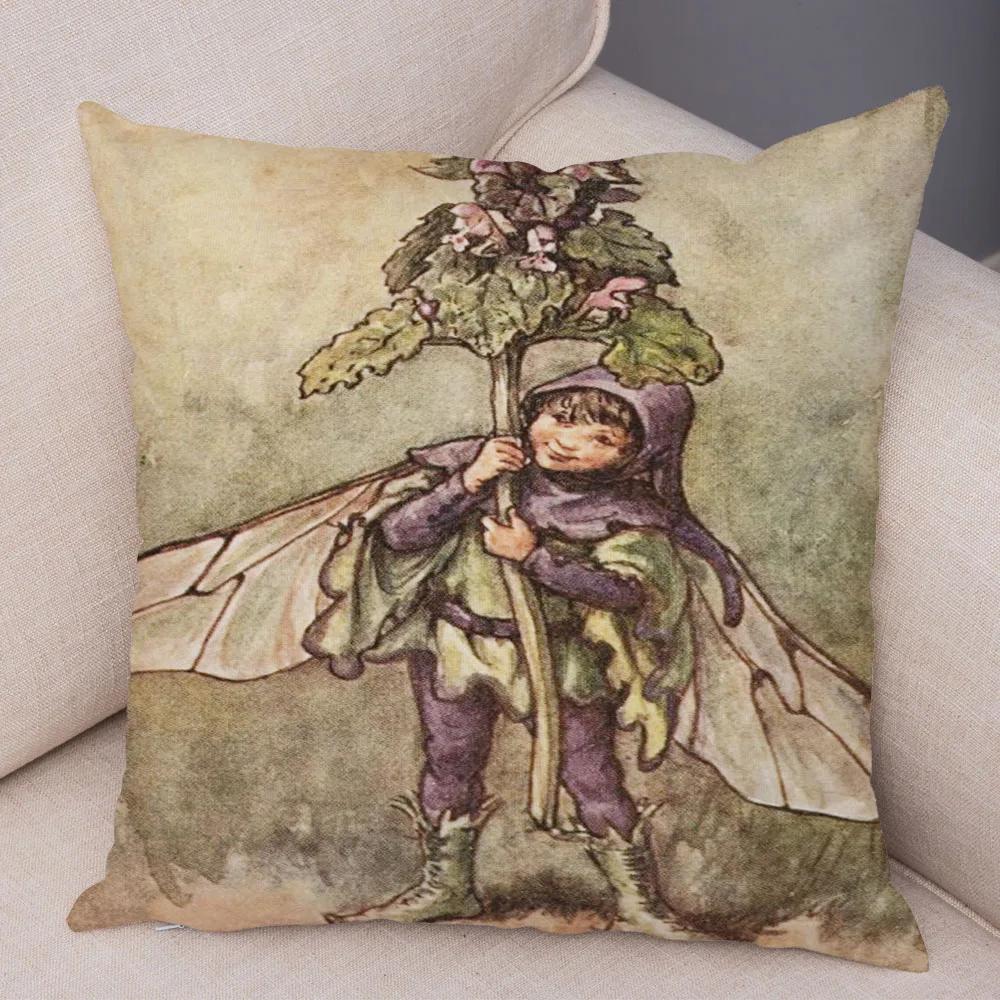 Vintage Cartoon Elfen Kissenbezug Dekor Bunte Märchenwelt Kissenbezug Plüsch Blumenmädchen Kissenbezug für Sofa Zuhause
