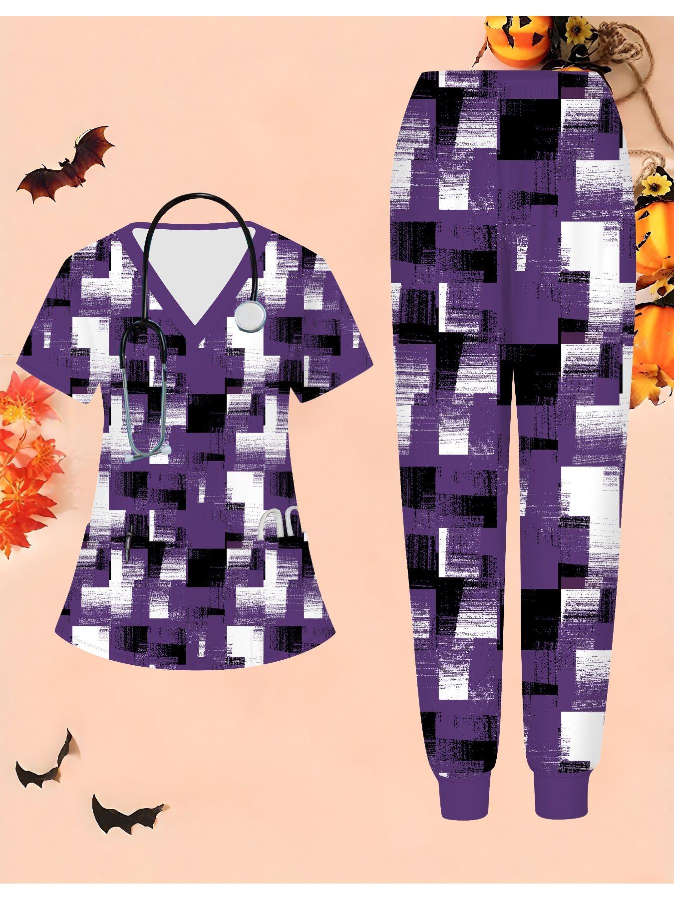 

Женский комплект медсестры с 3D геометрическим принтом, короткий рукав, длинные брюки с карманом, повседневный модный рождественский подарок XXL фиолетовый