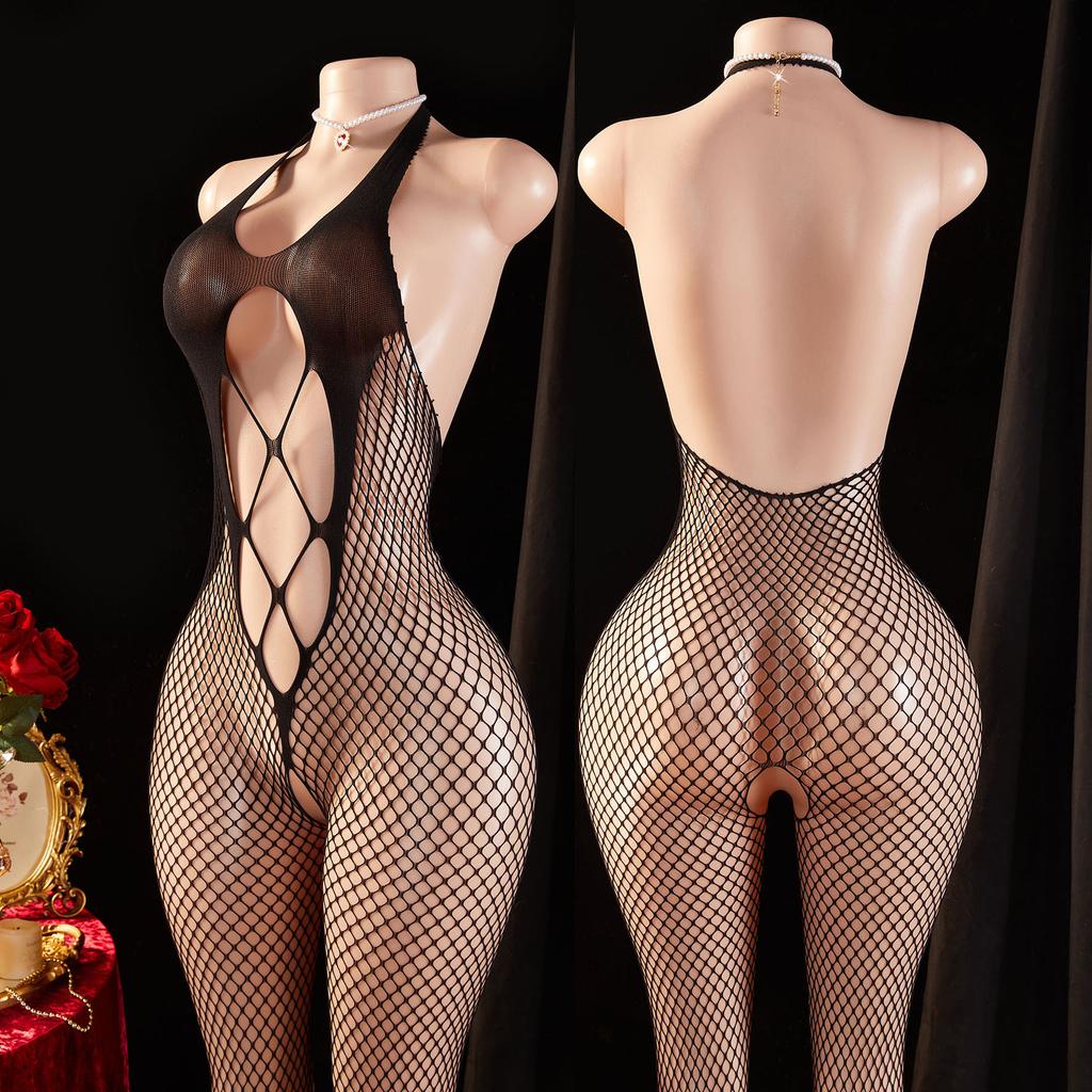 Sexy Halter Lingerie Women Hollow Bra Bodystocking Mesh Underwear Crotchless For Sex Fishnet Full Body Stockings Erotic Clothes