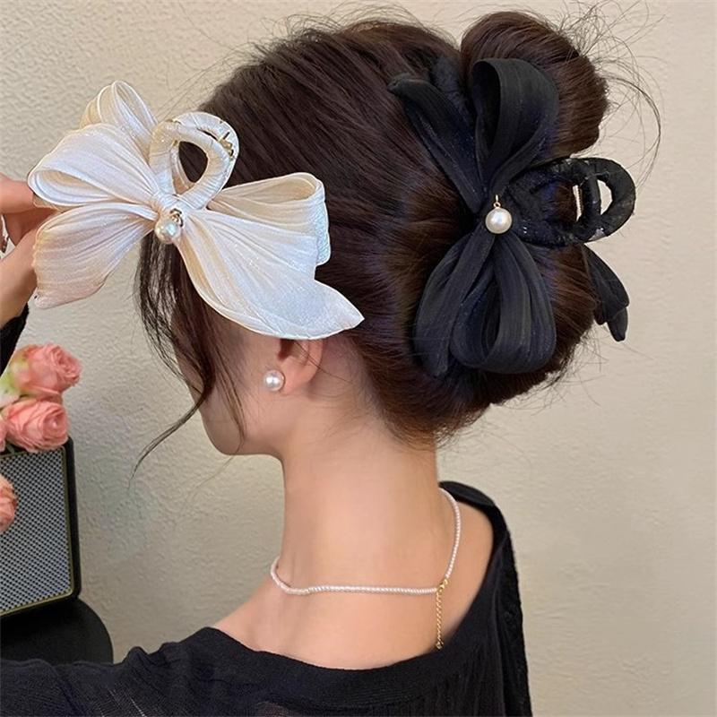 Korean Girls Bow Hair Crab Clips for Women Elegant Hair Bows Claws Ponytail Lady Hair Accessories Pearl Headdress