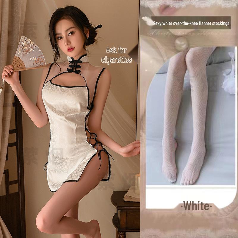 Retro Cheongsam Temptation Lingerie Set with Side Slit and Lace-up Design