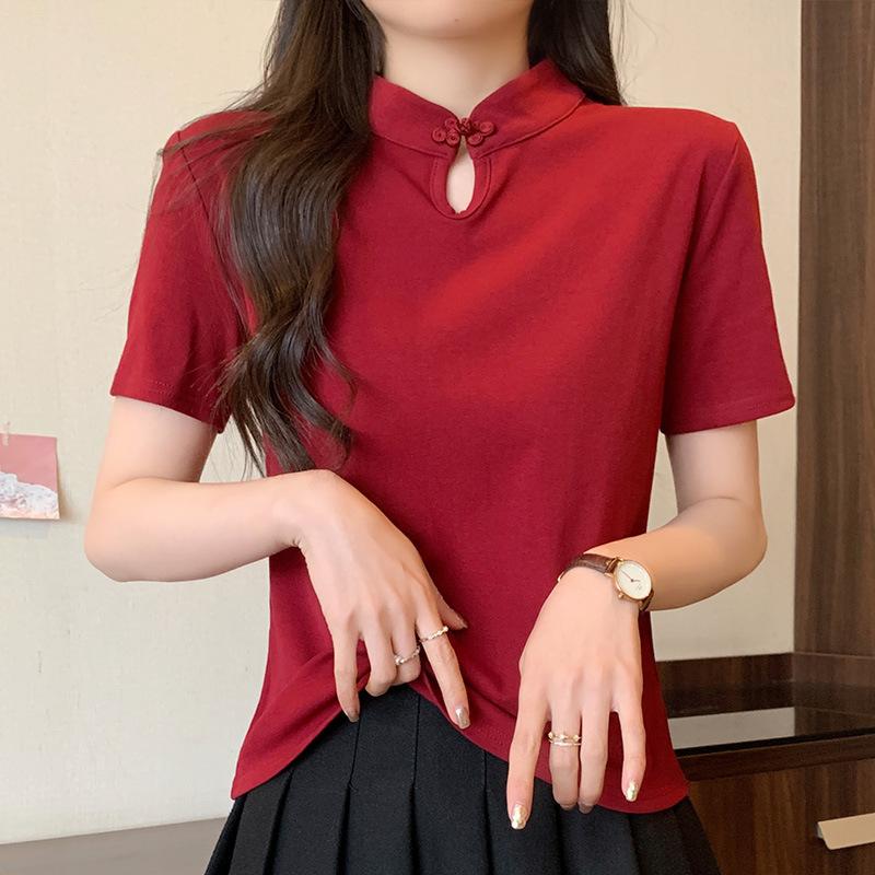 

Футболка с воротником-стойкой и короткими рукавами для женщин, летняя новинка, женский топ на пуговицах в китайском стиле в стиле богини L красный
