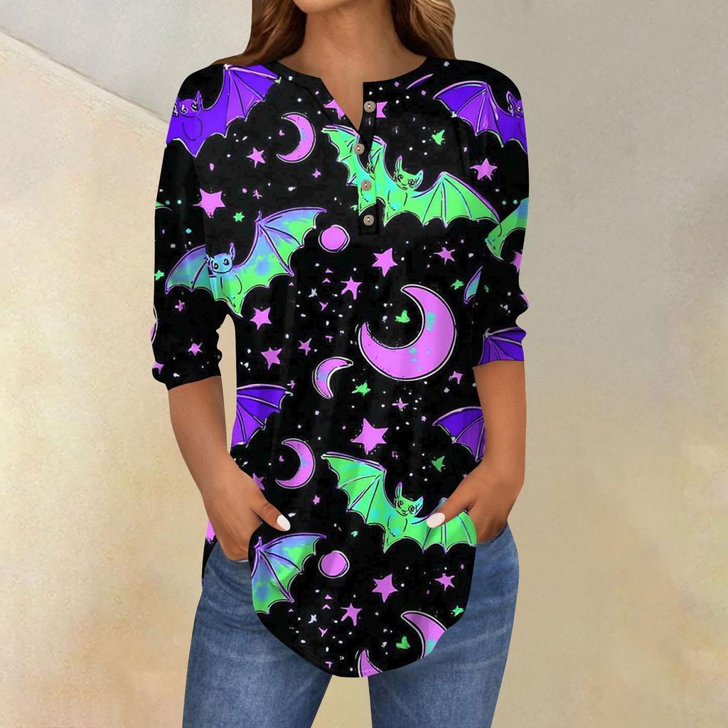 Women's Fashion Loose Button Collar Halloween Print Long Sleeve T-Shirt Top Pullover