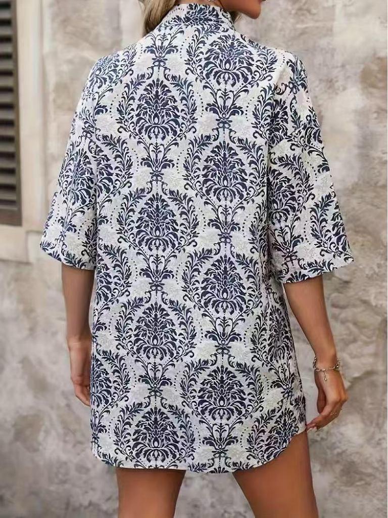 2025 Elegant Semestertryck Tvådelat Set: Kortärmad Skjorta & Högmidjade Knytshorts