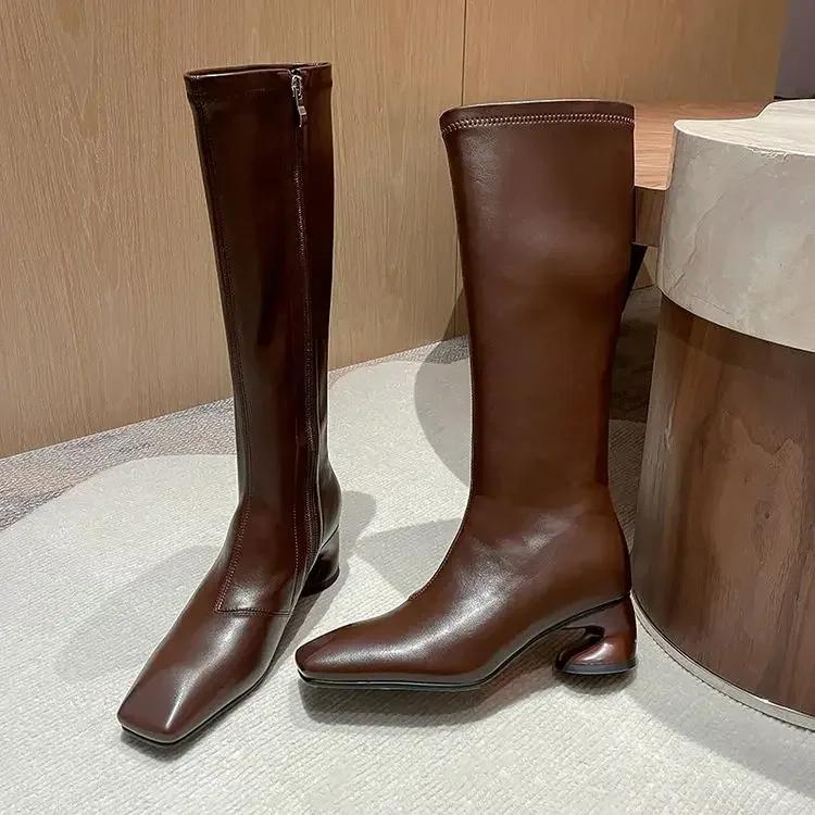 Fashion New 5cm Irregular Curved Heel Black Brown Long Boots European American Autumn Winter Fashion High Heels Women Knee High Boots