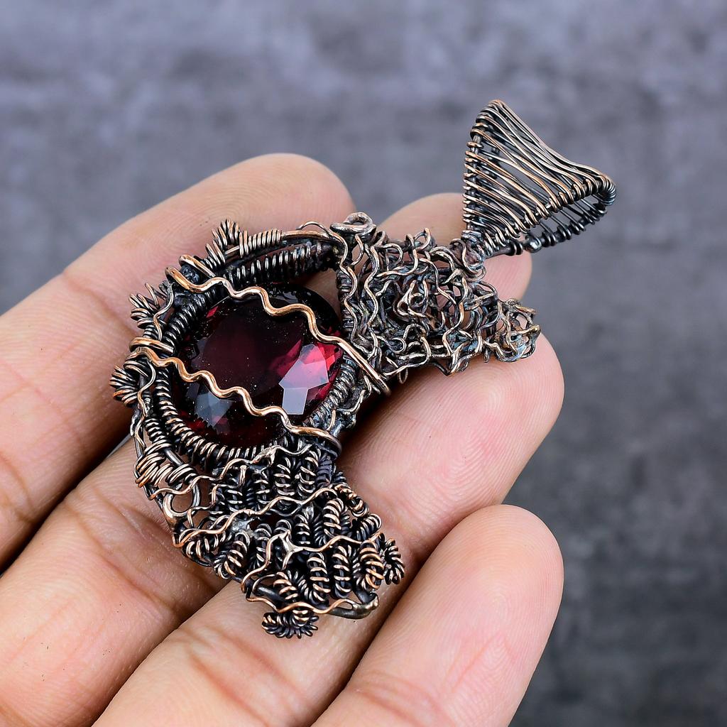 Natural Garnet Gemstone Handmade Copper Wire Wrap Jewelry Pendant 2.56" b0K01