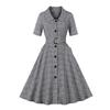 Retro Women's Plaid Dress with Turn-Down Collar, Short Sleeves, Single-Breasted Design, and Pockets in Hepburn Style.