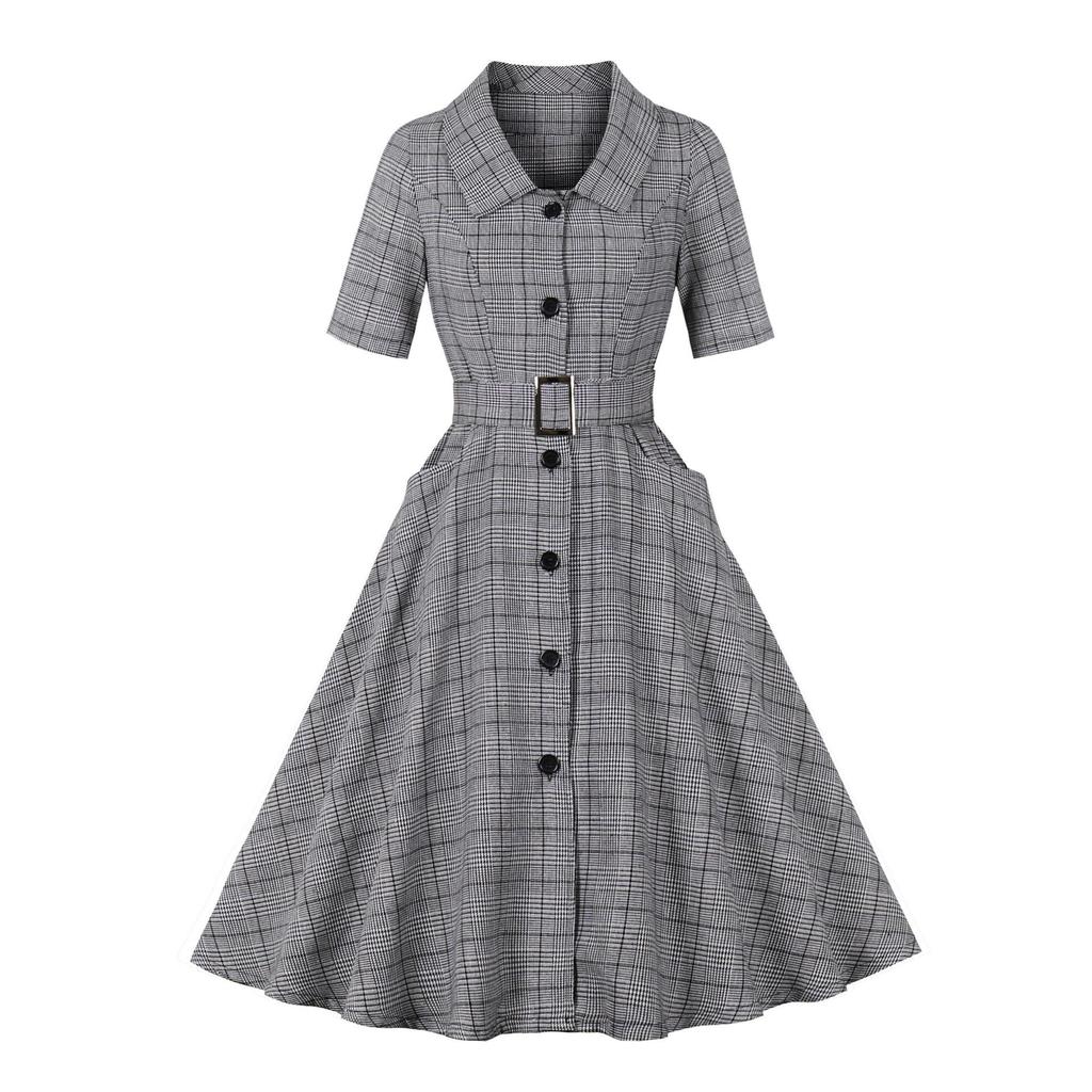 Retro Women's Plaid Dress with Turn-Down Collar, Short Sleeves, Single-Breasted Design, and Pockets in Hepburn Style.