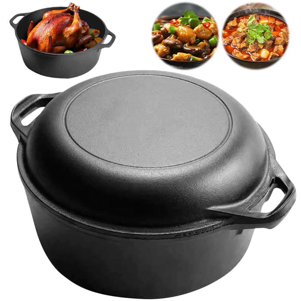 2 In 1 Cast Iron Dutch Oven with Skillet Lid Dutch Oven Pot with Dual Handles for Bread Frying Baking Camping BBQ Cookware Pan