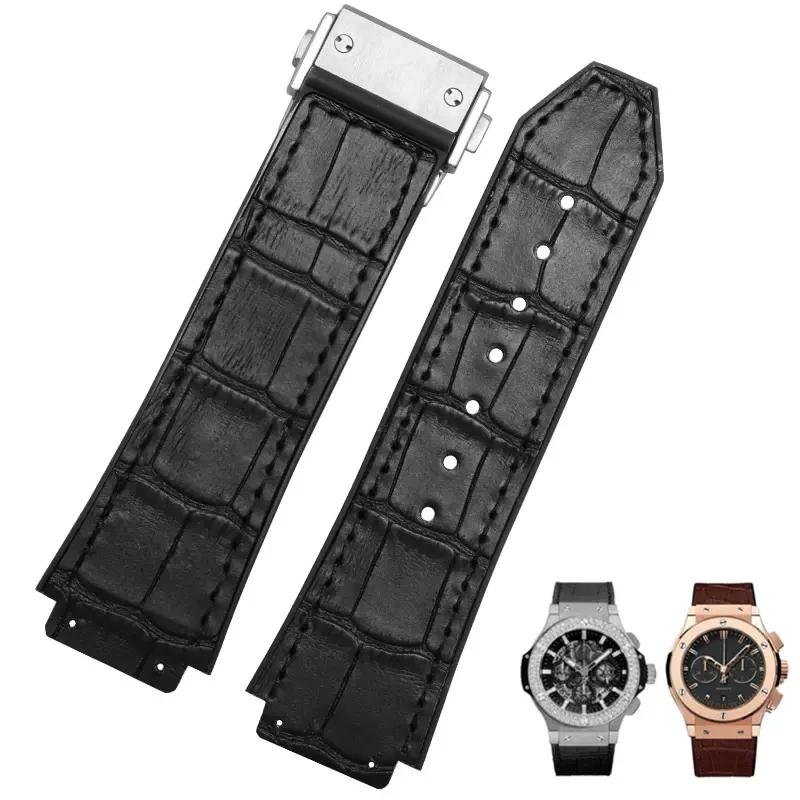 26X19mm Real Cow Leather Rubber Watchband for HUBLOT Classic Fusion Universe Big Bang Series Men belt Watch band butterfly Buckl