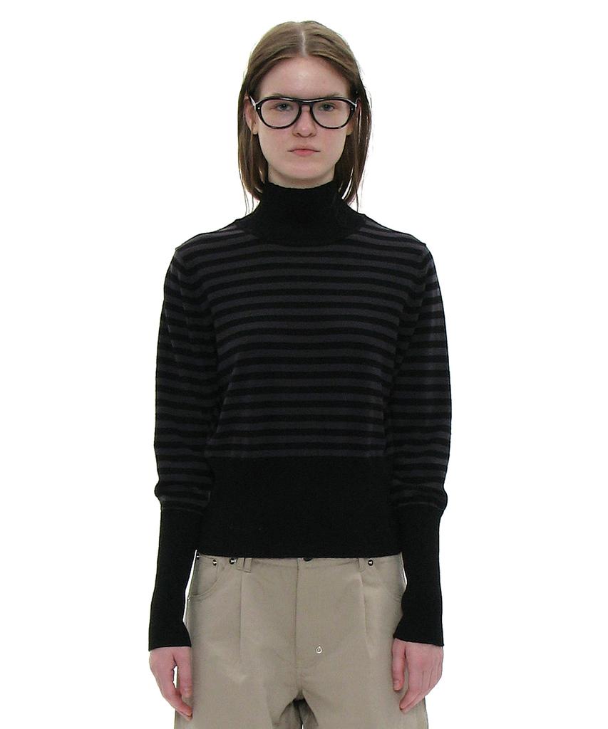 PARTIMENTO WOMEN Pwc High-Neck Back Button-Up Knit Top_Black Stripe