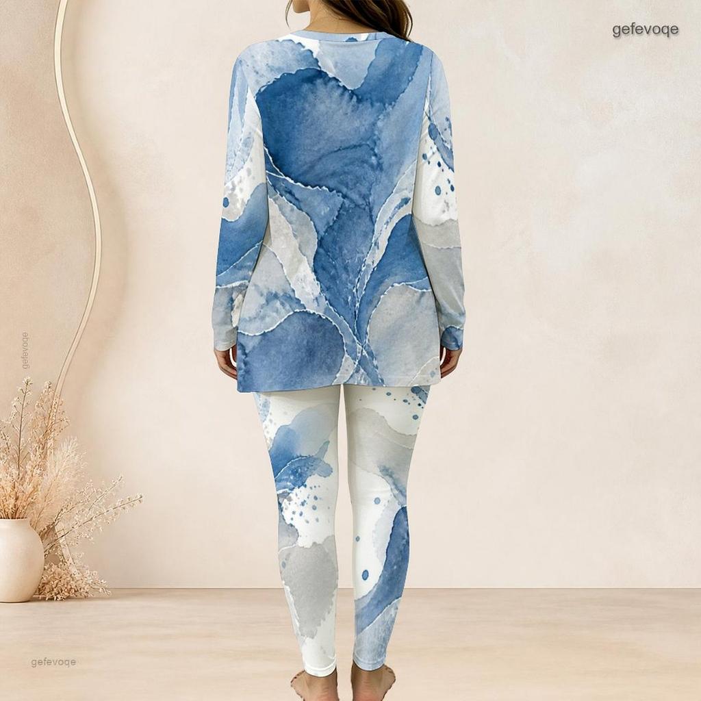 Women Plus Size Printed Two Piece Set Round Neck Long Sleeve Longline Top Fitted Pants Blue Beige