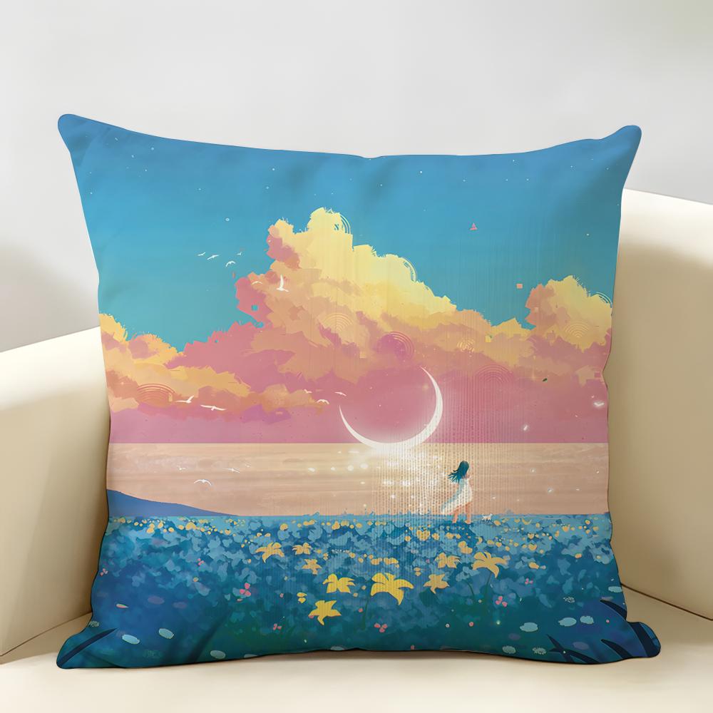 Anime Scenery Design Cushion Cover Natural Linen Organic Fabric DoubleSided Printing Room Sofa Decor Pillow Case