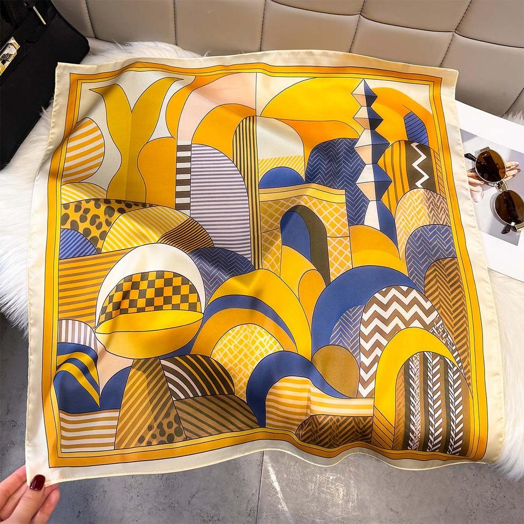 Light luxury three-dimensional geometric printing medium square scarf imitation silk contrasting color silk scarf trendy cool wear decorative neck sca