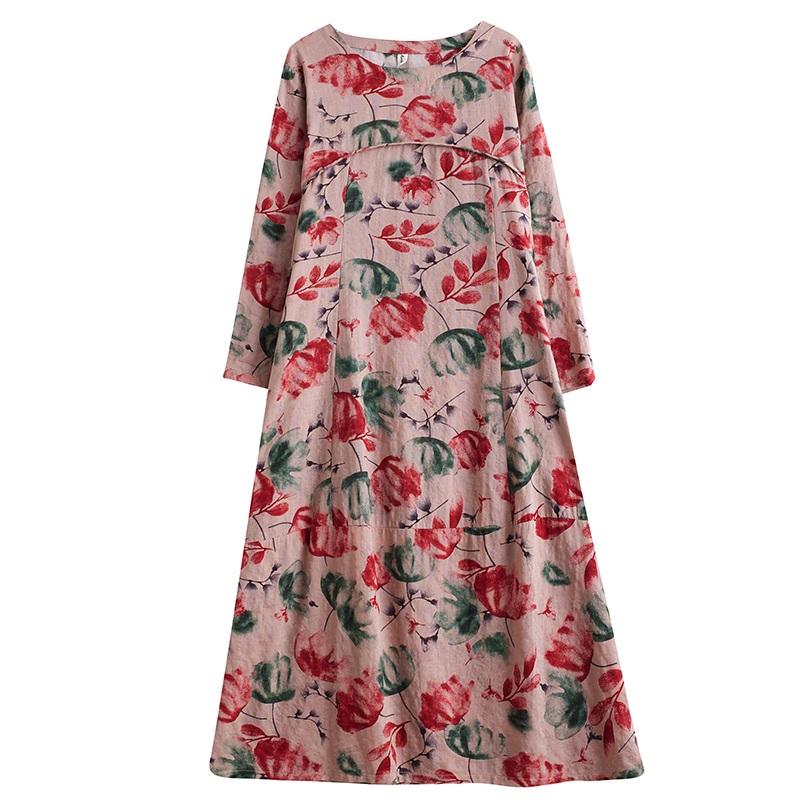Langermet Plussstørrelse Bomull vintage blomstret ny i kjoler for kvinner avslappet løs vår høst kjole