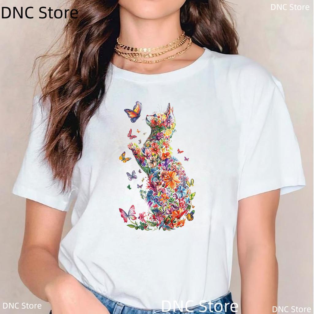 New Women'S Tshirt Funny Watercolor Butterfly Cat Animal Print Tshirt Girls Fashion Summer Female Tshirt White Short Sleeved Top
