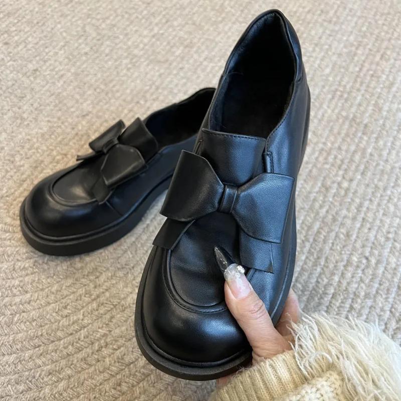 New Vintage Black Gothic Loafers Shoes Women Square Med Heels Y2k Bow Tie Pumps Cute Round Toe Goth Footwear