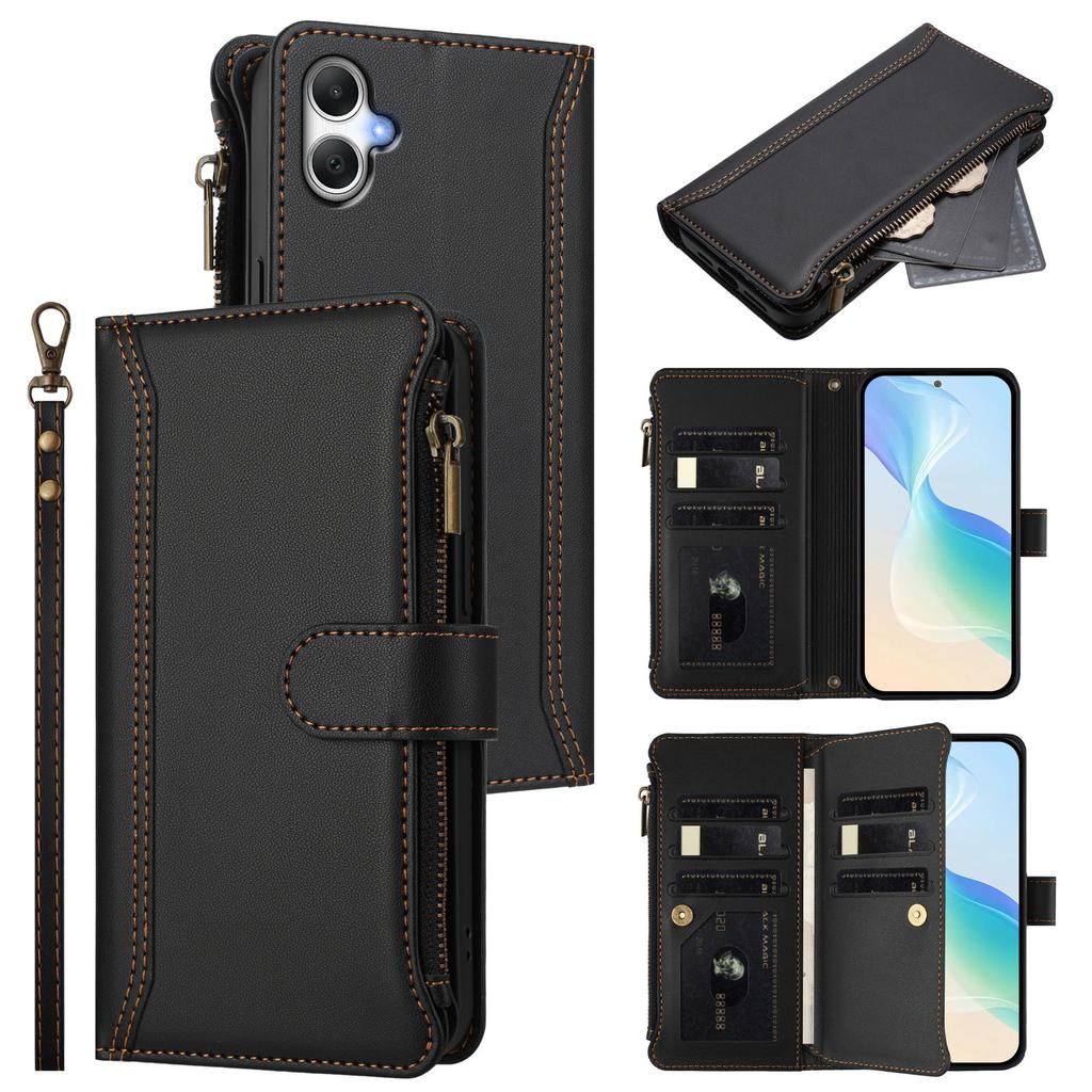 For Samsung Galaxy A06 4G/Galaxy A06 5G Leather Case 9 Card Slots Zipper Wallet Stand Phone Cover with Wrist Strap