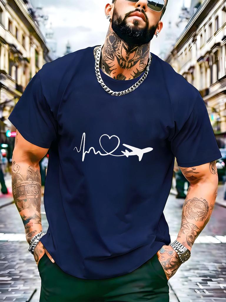 Red Unisexs Summer Tee ECG Heart Plane Print Short Sleeve Street Top For Travel Pilot Lover Male Soft Daily Casual Fashion Wear
