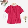 ZANZEA Women Summer V-Neck Solid Color Casual Short Sleeve Blouse