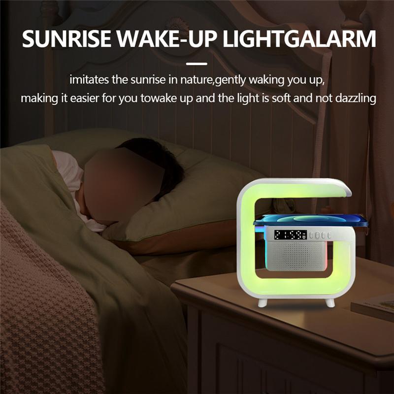 RGB Light All in One Wireless Charger Station Bluetooth Speaker TF FM With Alarm Clock For iPhone Samsung Xiaomi Fast Charging