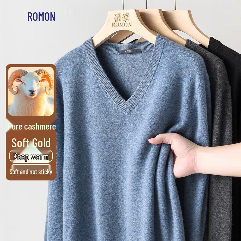 Romon Men's V-Neck Pure Cashmere Sweater for Autumn/Winter