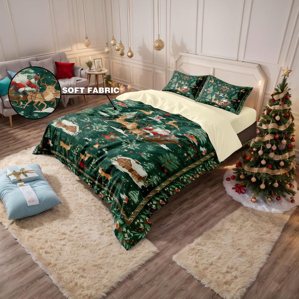 3 Pcs Green Christmas Print Coreless Set Soft and Comfortable Including 1 Duvet Cover and 2 Complete Sets for Gift