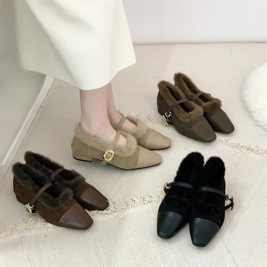 Pantofi francezi de pluș cu toc mic Pantofi Mary Jane singuri Pantofi de damă Sezon Pantofi caldi din bumbac Seara