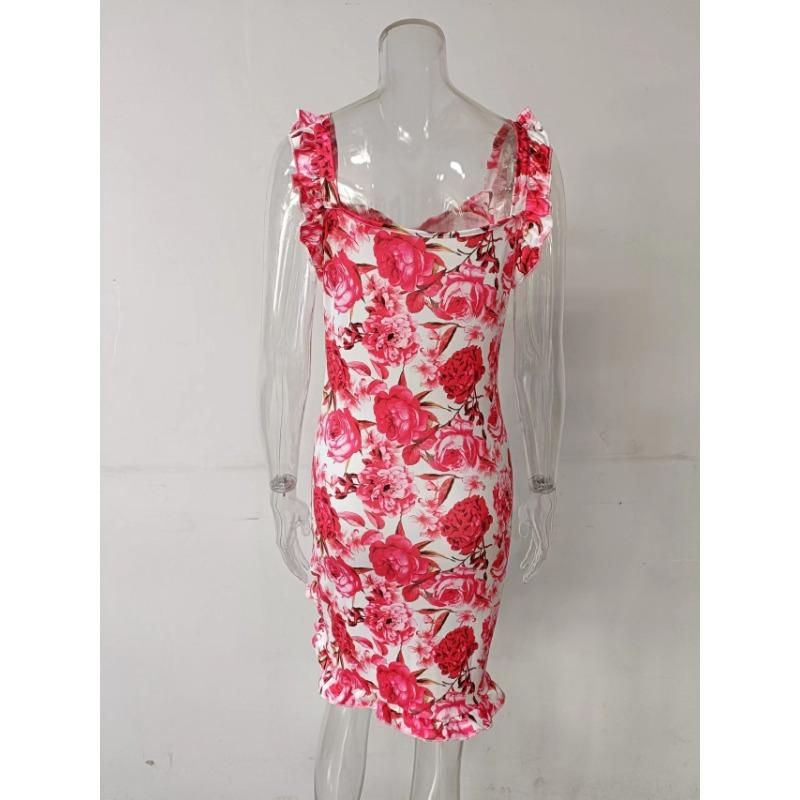 Summer Women Floral Print Butterfly Sleeve Bodycon Dress Ruffle V Neck Bandage Casual Short Sundress Female Beach Spaghetti Strap Mini Dress